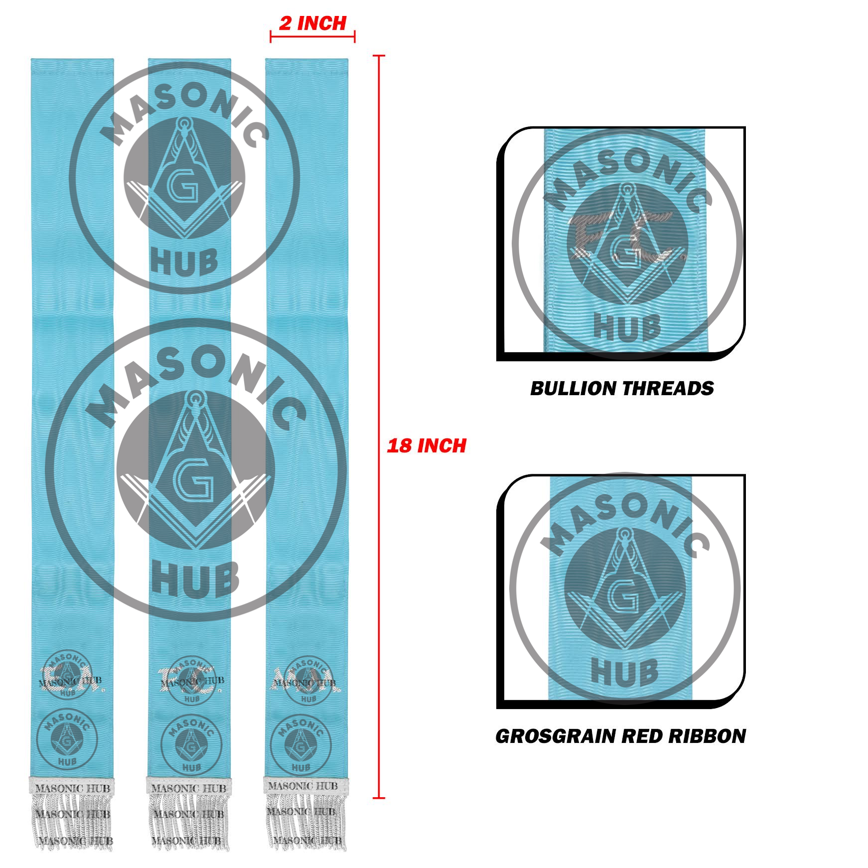 Freemason Light Blue Bible Marker Ribbons with Embroidered Square & Compass Masonic Hub