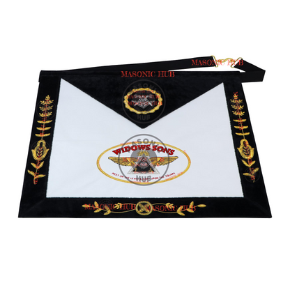 Widows Sons Masonic Regalia Lambskin Apron – Black Velvet with Gold Embroidery