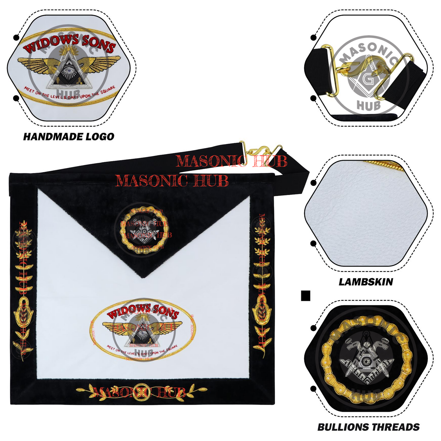 Widows Sons Masonic Regalia Lambskin Apron – Black Velvet with Gold Embroidery