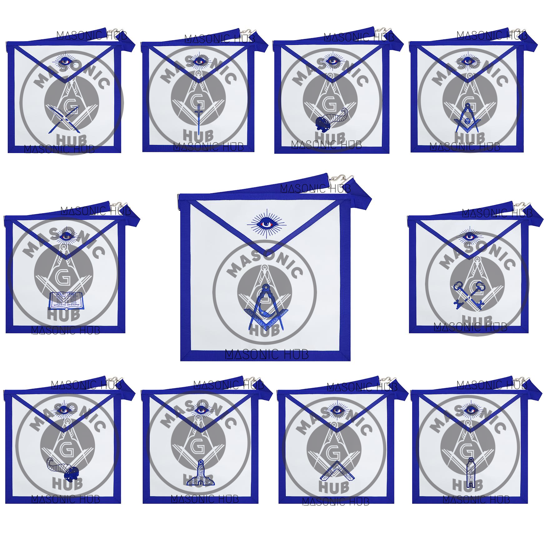 Texas Regulation Masonic Officer Apron Set – Blue Lodge Regalia (11 Pieces) Silk Threads Embroidered