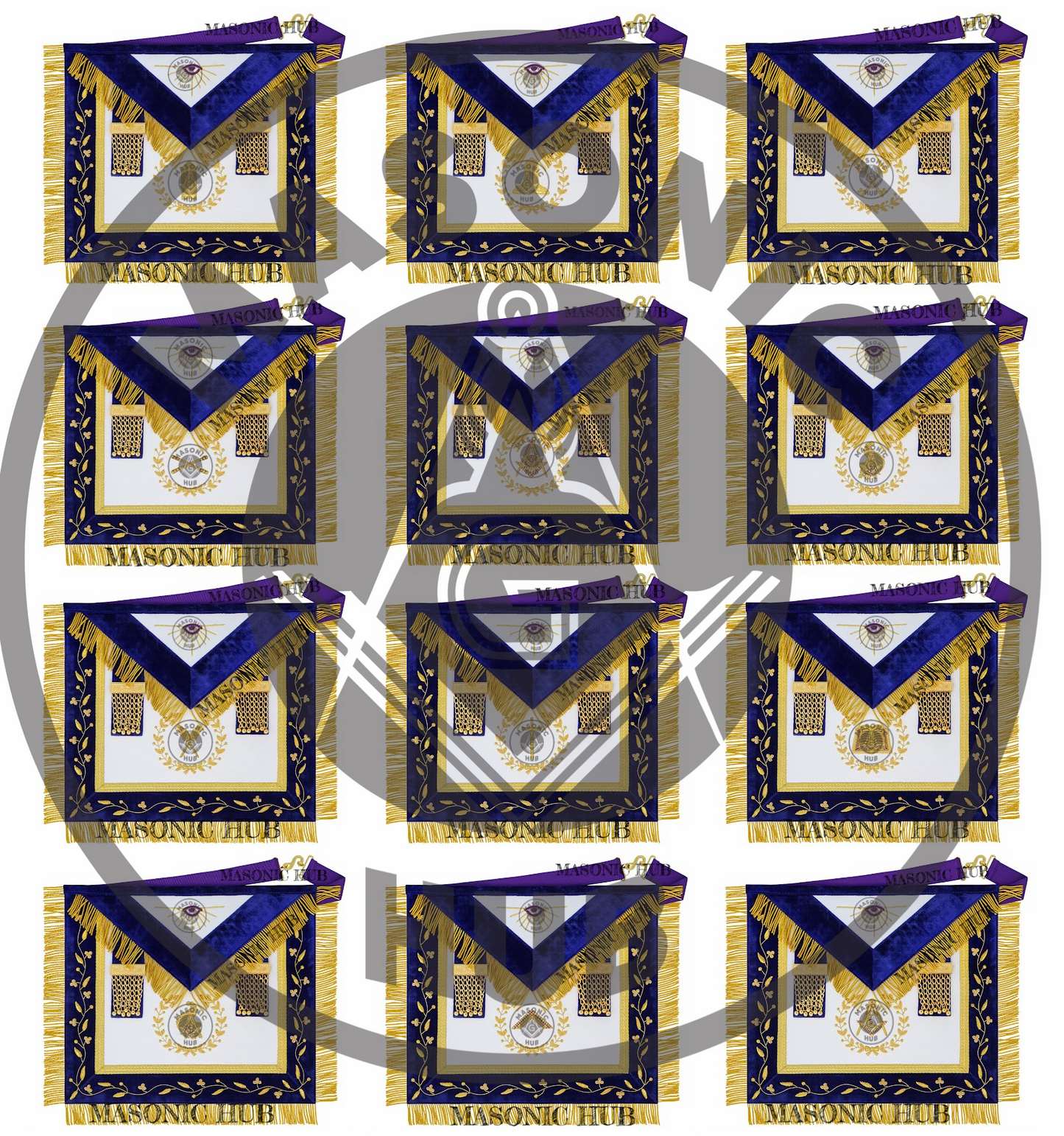 Grand Lodge Officer Aprons Set of 12 – Freemason Lambskin Regalia with Gold Bullion Hand Embroidery, Chain Collars, Jewels & Cuffs