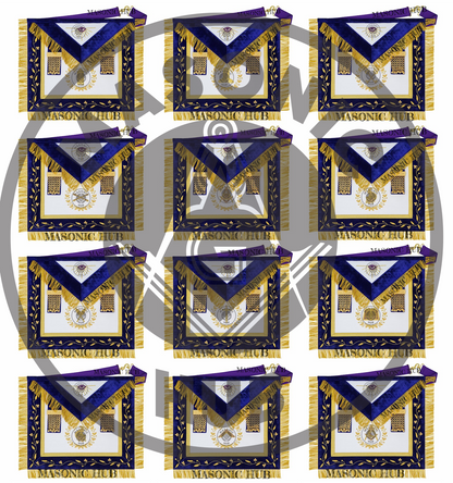 Grand Lodge Officer Aprons Set of 12 – Freemason Lambskin Regalia with Gold Bullion Hand Embroidery, Chain Collars, Jewels & Cuffs