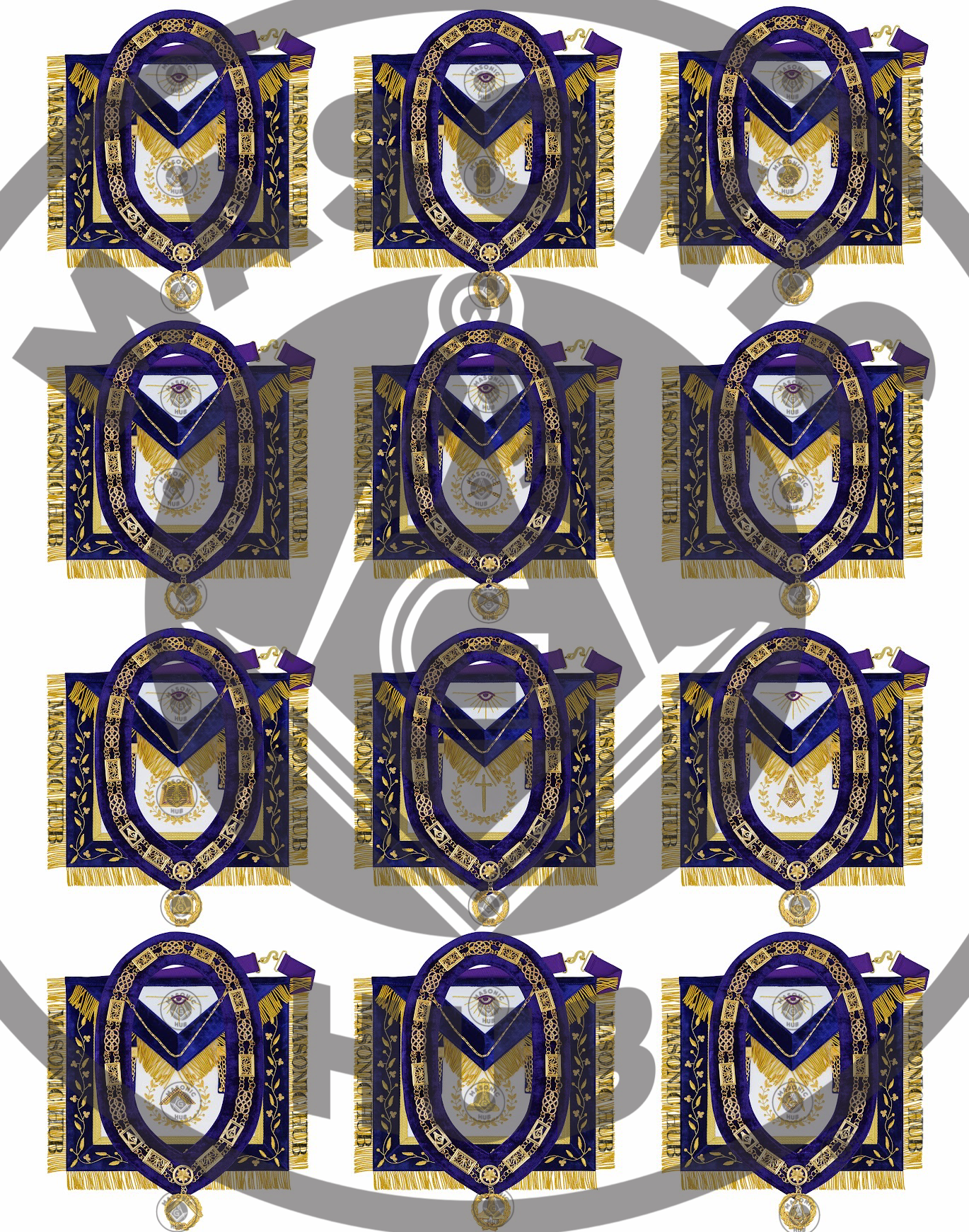Grand Lodge Officer Aprons Set of 12 – Freemason Lambskin Regalia with Gold Bullion Hand Embroidery, Chain Collars, Jewels & Cuffs