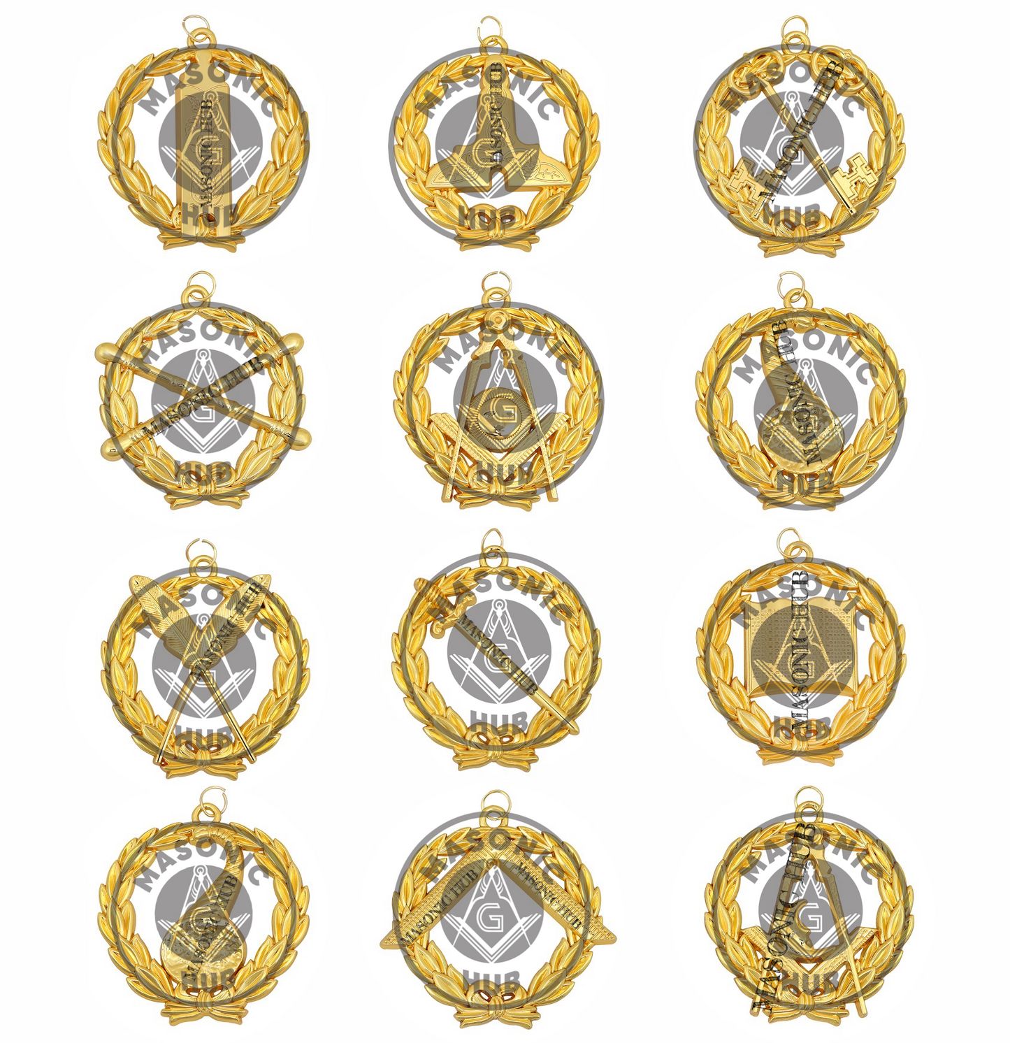 Grand Lodge Officer Aprons Set of 12 – Freemason Lambskin Regalia with Gold Bullion Hand Embroidery, Chain Collars, Jewels & Cuffs