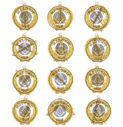 Grand Lodge Officer Aprons Set of 12 – Freemason Lambskin Regalia with Gold Bullion Hand Embroidery, Chain Collars, Jewels & Cuffs