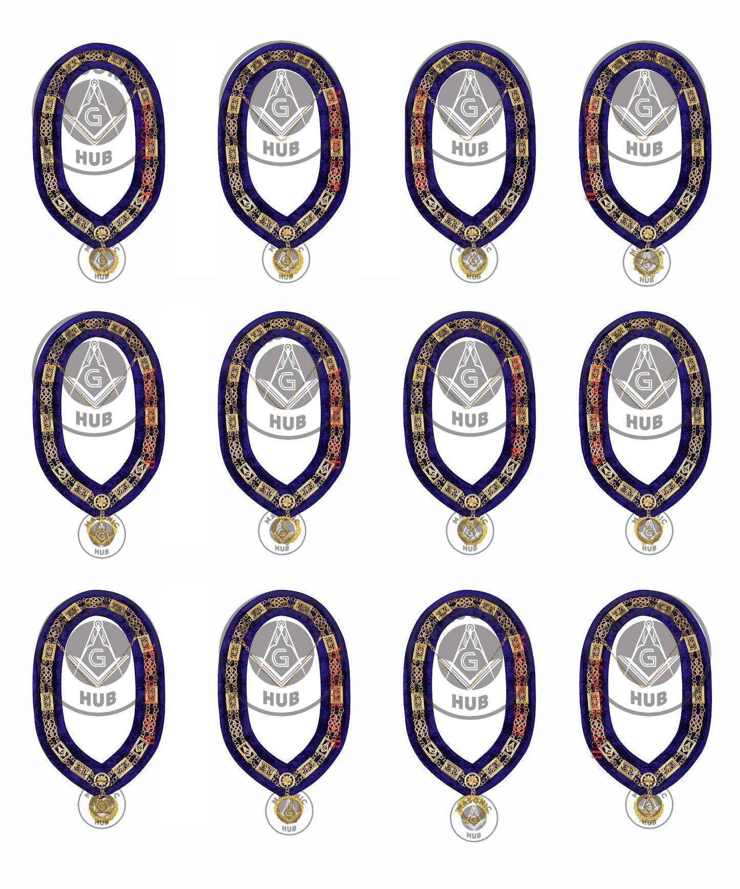 Grand Lodge Officer Aprons Set of 12 – Freemason Lambskin Regalia with Gold Bullion Hand Embroidery, Chain Collars, Jewels & Cuffs