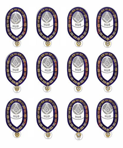Grand Lodge Officer Aprons Set of 12 – Freemason Lambskin Regalia with Gold Bullion Hand Embroidery, Chain Collars, Jewels & Cuffs