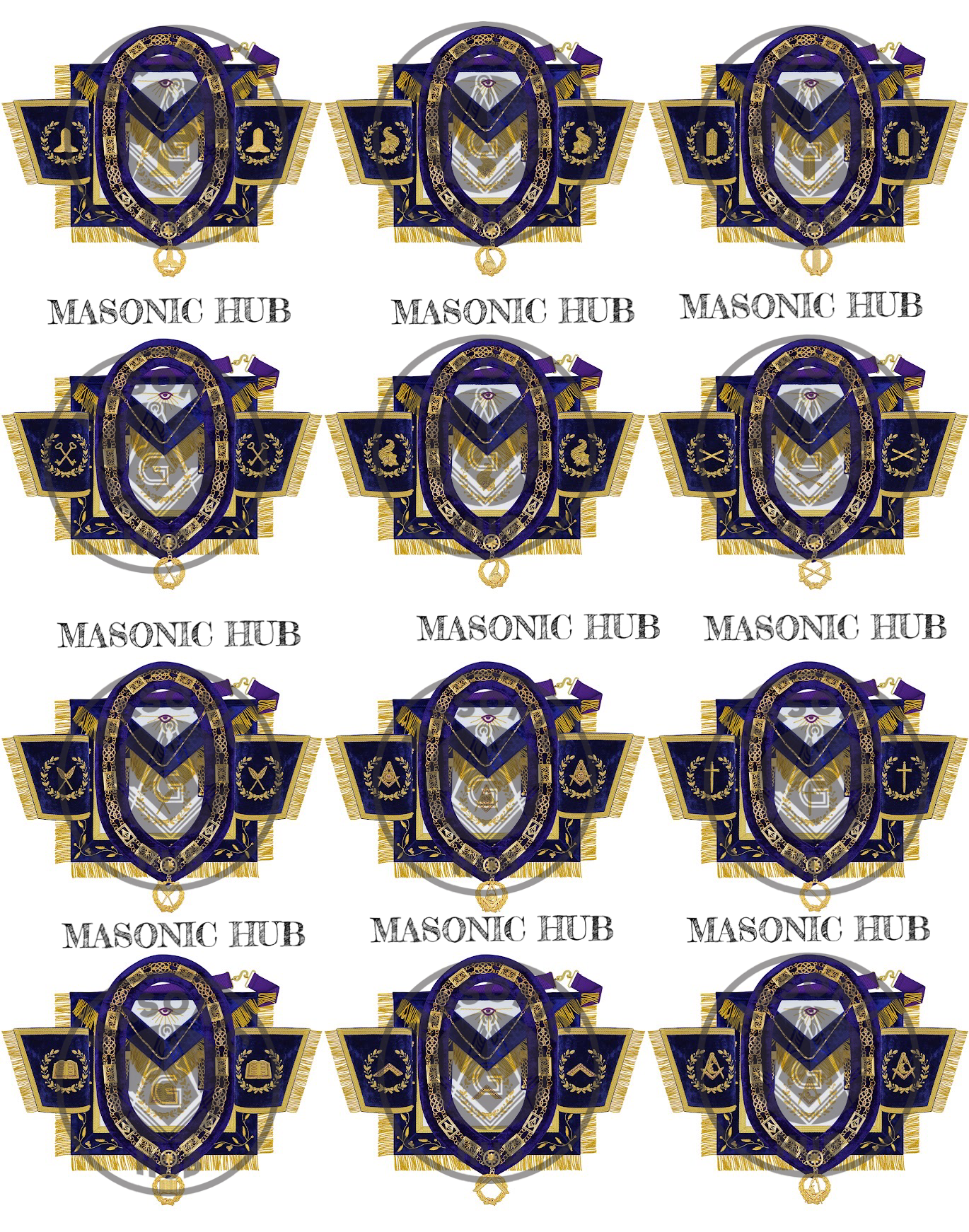 Grand Lodge Officer Aprons Set of 12 – Freemason Lambskin Regalia with Gold Bullion Hand Embroidery, Chain Collars, Jewels & Cuffs
