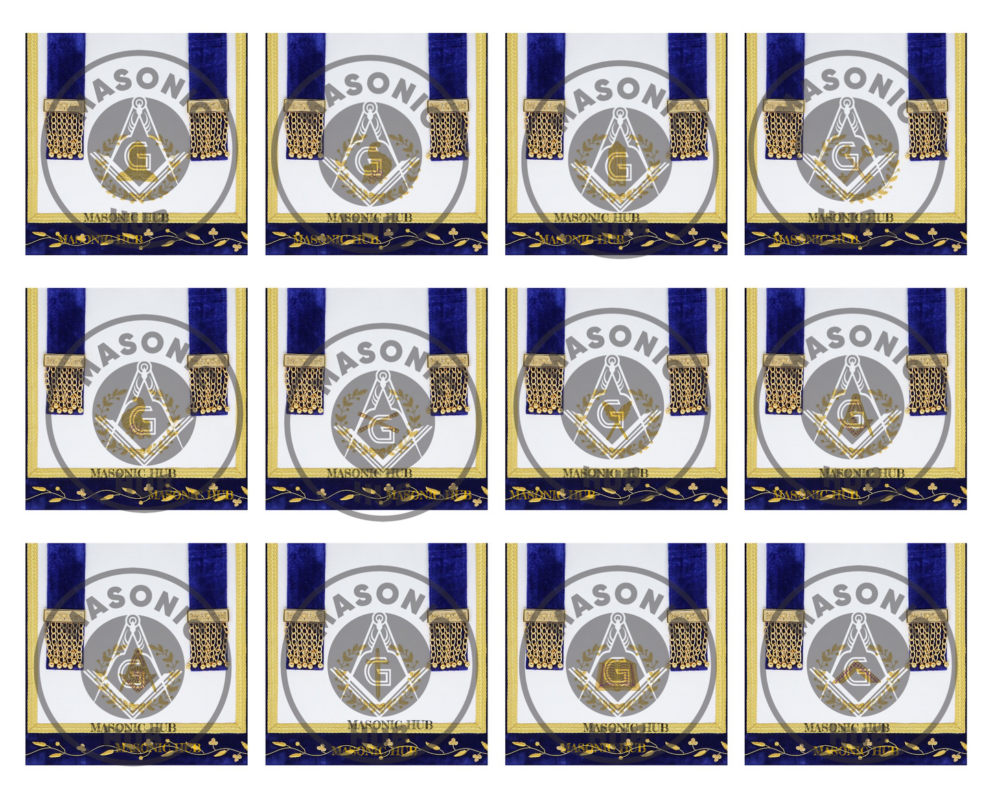 Grand Lodge Officer Aprons Set of 12 – Freemason Lambskin Regalia with Gold Bullion Hand Embroidery, Chain Collars, Jewels & Cuffs