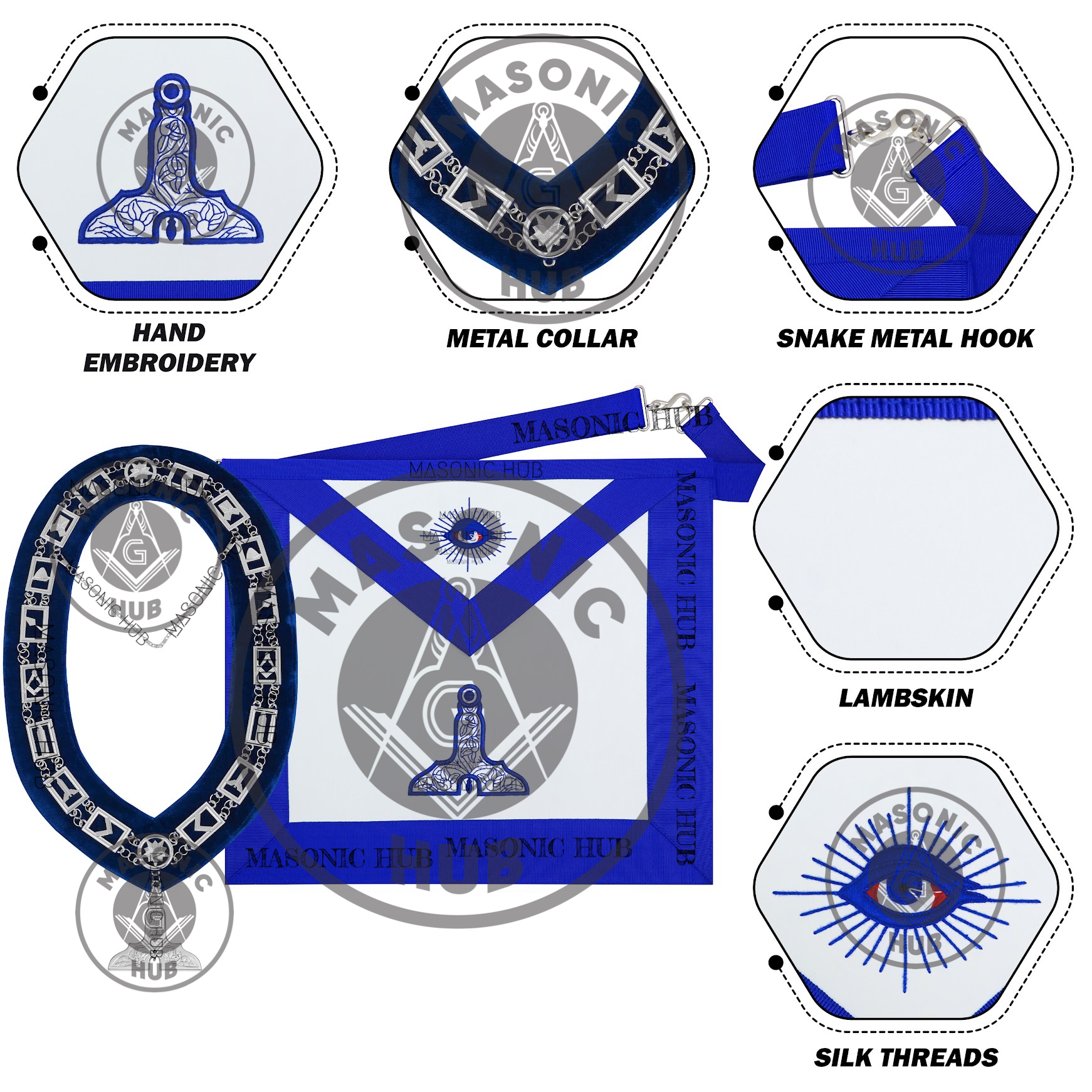 Masonic Blue Lodge Handmade Senior Warden Lambskin Apron with Chain Collar+Jewel Masonic Hub