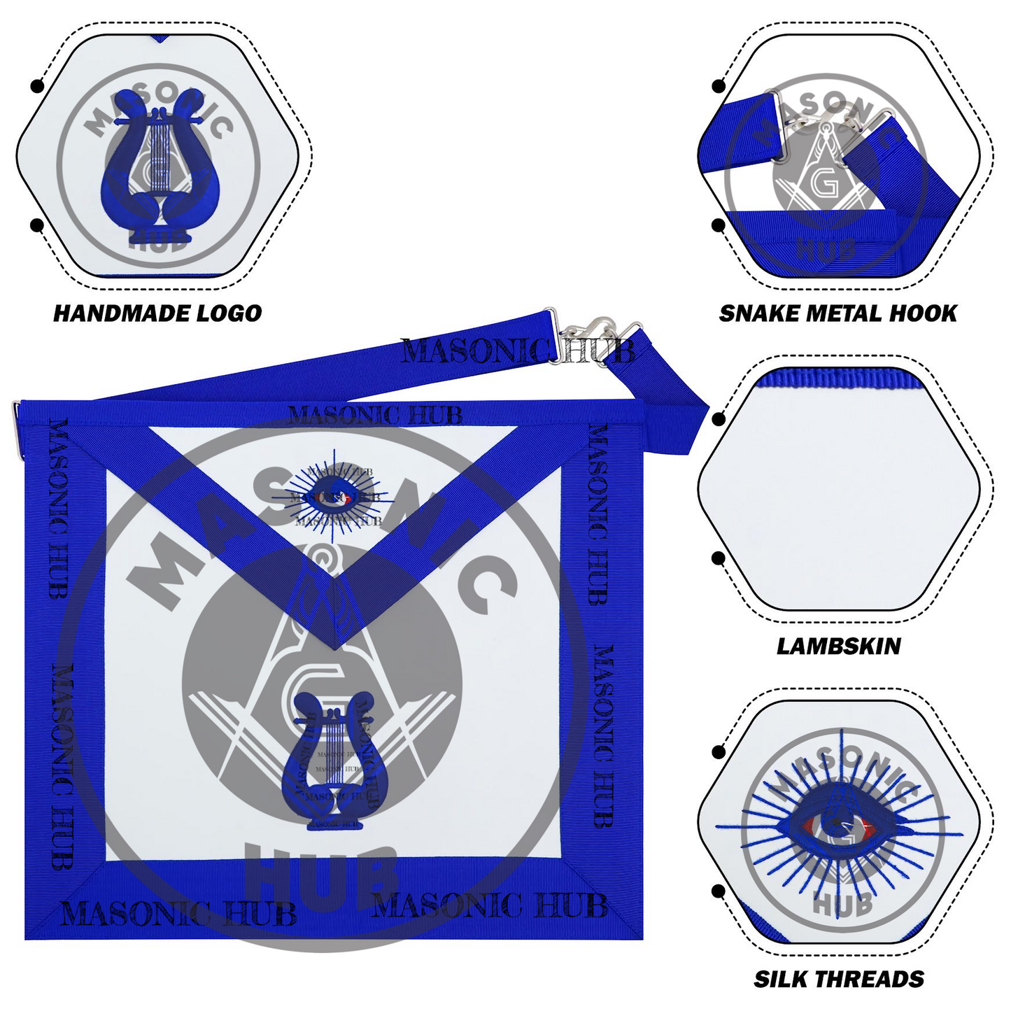 Masonic Blue Lodge Officer Handmade Musician Lambskin Apron with All-Seeing Eye