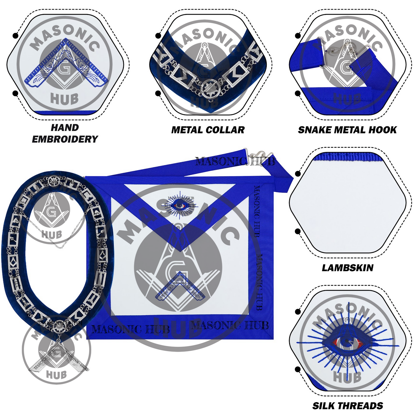 Masonic Blue Lodge Handmade Worshipful Master Lambskin Apron with Collar + Jewel