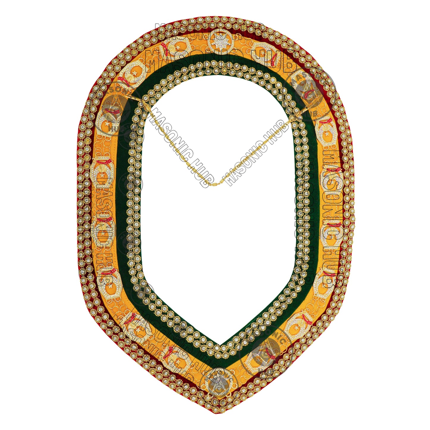Shriner Gold Plated Metal w/ Rhinestone Jewels Tri-Color Deluxe Chain Collar – Red, Green & Yellow with Double Row Rhinestones Trim