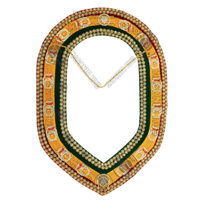 Shriner Gold Plated Metal w/ Rhinestone Jewels Tri-Color Deluxe Chain Collar – Red, Green & Yellow with Double Row Rhinestones Trim