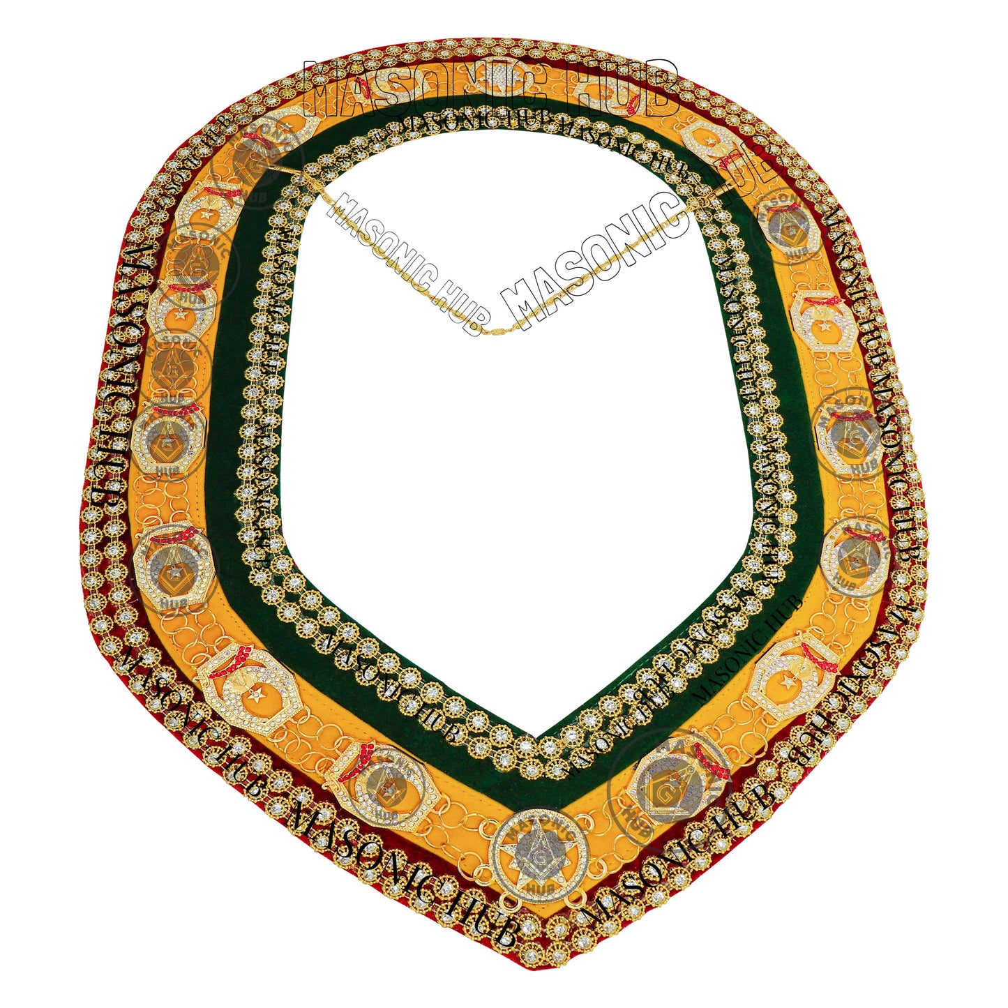 Shriner Gold Plated Metal w/ Rhinestone Jewels Tri-Color Deluxe Chain Collar – Red, Green & Yellow with Double Row Rhinestones Trim
