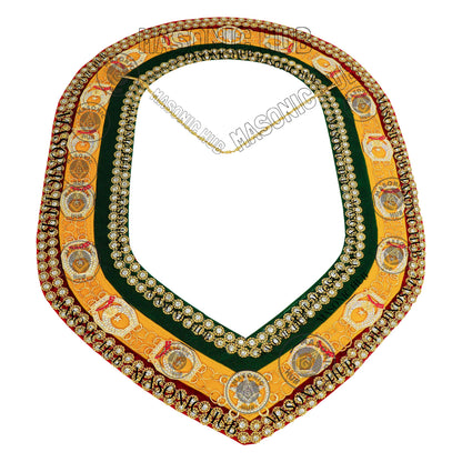 Shriner Gold Plated Metal w/ Rhinestone Jewels Tri-Color Deluxe Chain Collar – Red, Green & Yellow with Double Row Rhinestones Trim