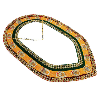 Shriner Gold Plated Metal w/ Rhinestone Jewels Tri-Color Deluxe Chain Collar – Red, Green & Yellow with Double Row Rhinestones Trim