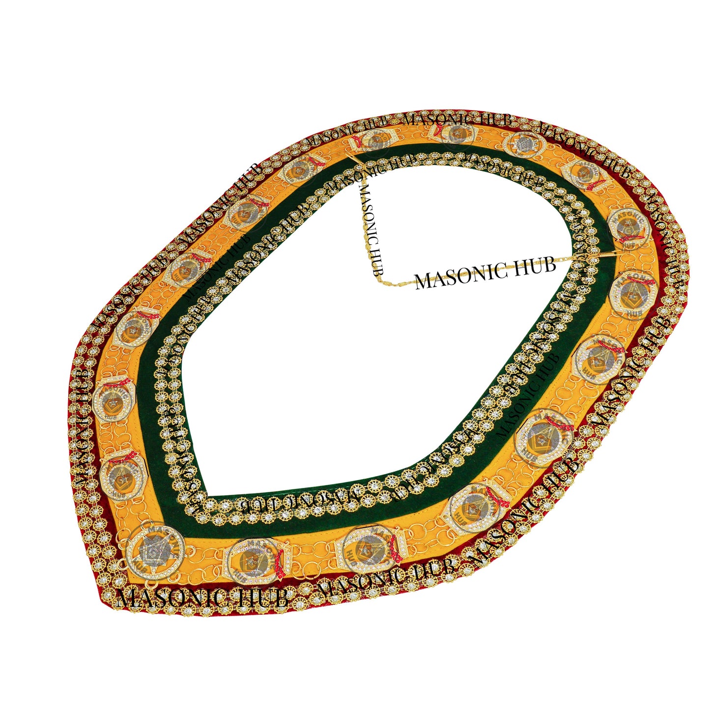 Shriner Gold Plated Metal w/ Rhinestone Jewels Tri-Color Deluxe Chain Collar – Red, Green & Yellow with Double Row Rhinestones Trim