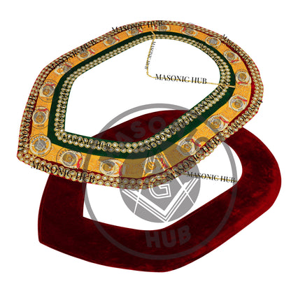 Shriner Gold Plated Metal w/ Rhinestone Jewels Tri-Color Deluxe Chain Collar – Red, Green & Yellow with Double Row Rhinestones Trim