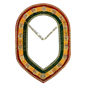 Shriner Gold Plated Metal w/ Rhinestone Jewels Tri-Color Deluxe Chain Collar – Red, Green & Yellow with Rhinestones Trim | Masonic Regalia Masonic Hub