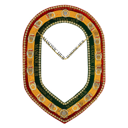 Shriner Gold Plated Metal w/ Rhinestone Jewels Tri-Color Deluxe Chain Collar – Red, Green & Yellow with Rhinestones Trim | Masonic Regalia
