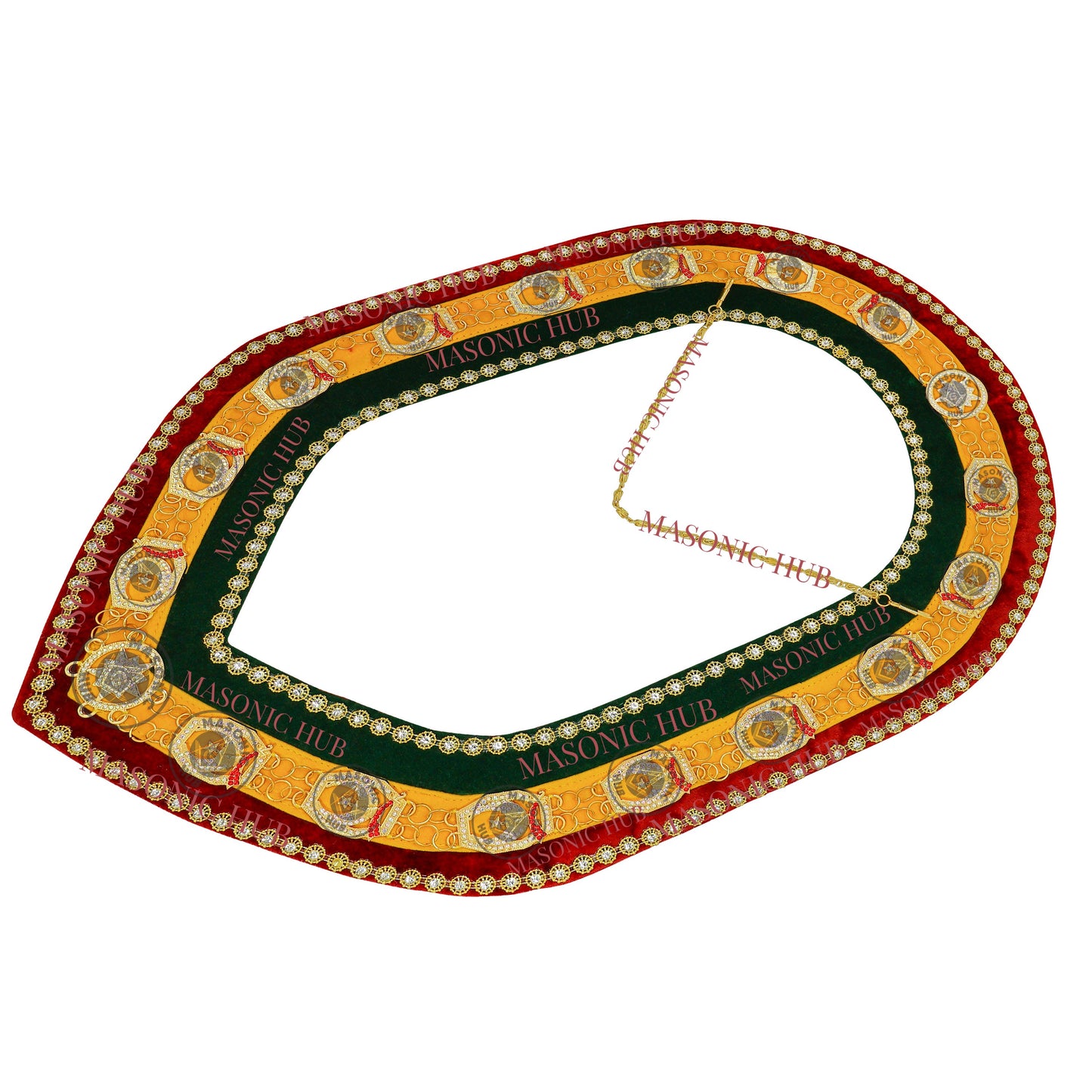 Shriner Gold Plated Metal w/ Rhinestone Jewels Tri-Color Deluxe Chain Collar – Red, Green & Yellow with Rhinestones Trim | Masonic Regalia