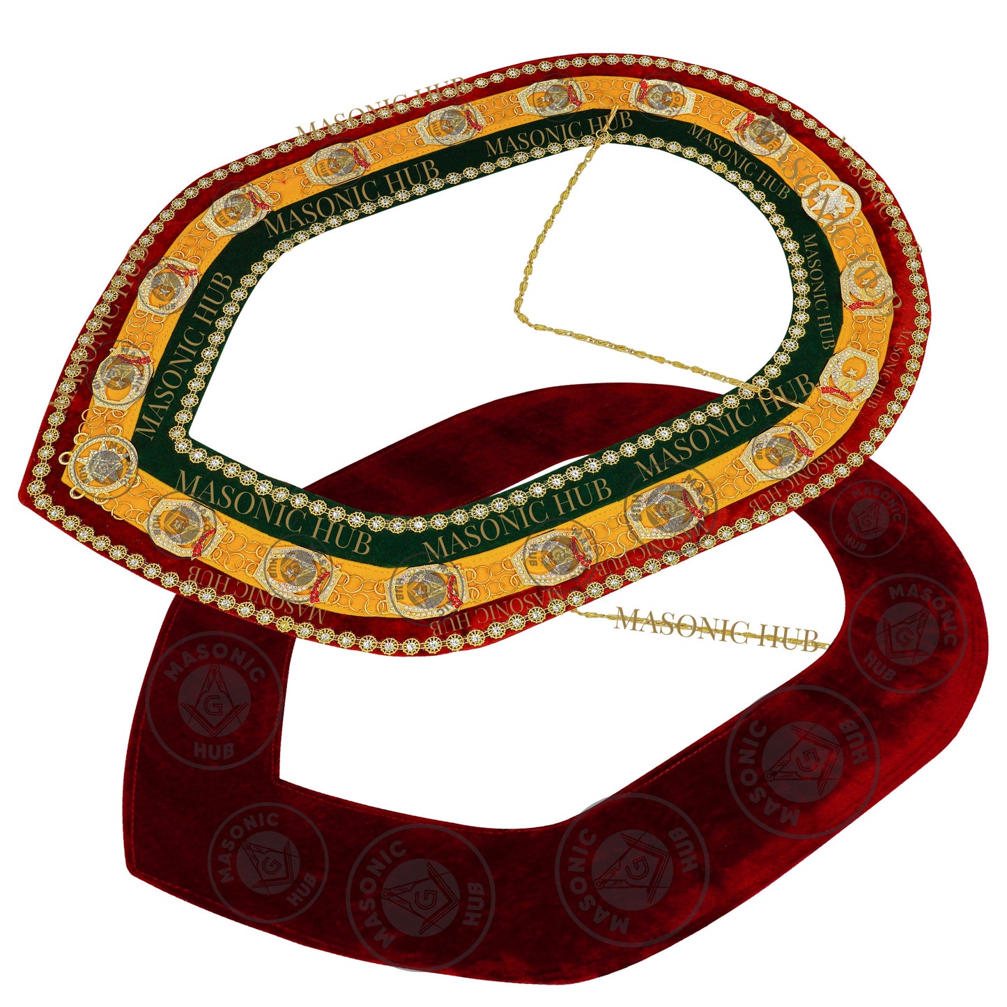 Shriner Gold Plated Metal w/ Rhinestone Jewels Tri-Color Deluxe Chain Collar – Red, Green & Yellow with Rhinestones Trim | Masonic Regalia