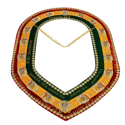 Shriner Gold Plated Metal w/ Rhinestone Jewels Tri-Color Deluxe Chain Collar – Red, Green & Yellow with Rhinestones Trim | Masonic Regalia