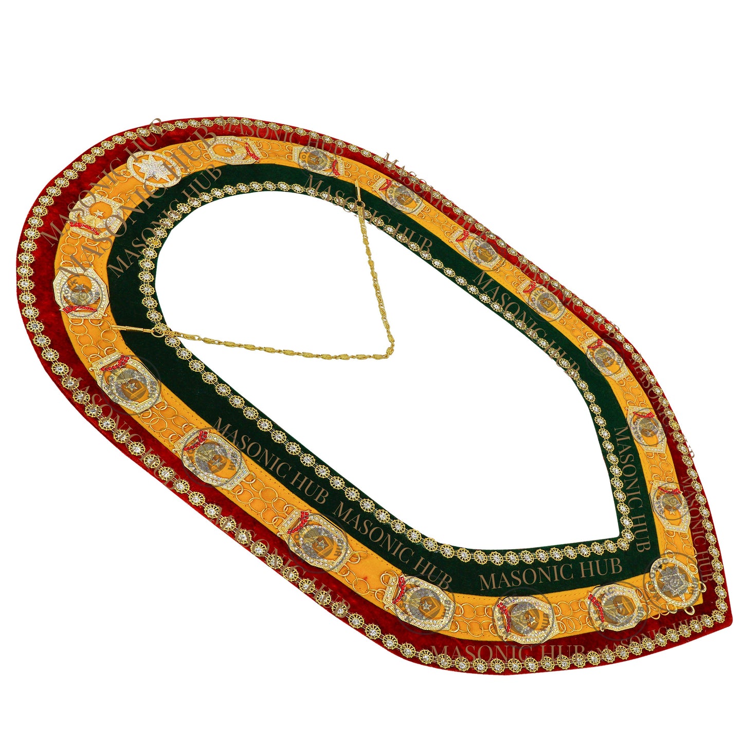 Shriner Gold Plated Metal w/ Rhinestone Jewels Tri-Color Deluxe Chain Collar – Red, Green & Yellow with Rhinestones Trim | Masonic Regalia