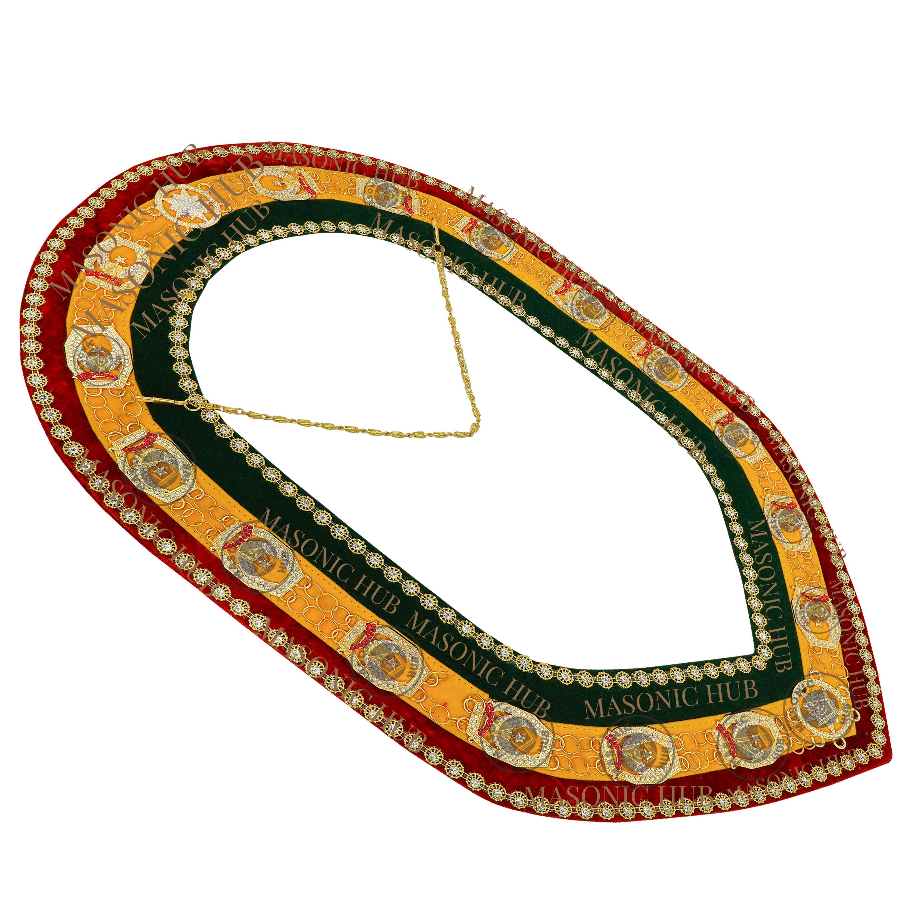 Shriner Gold Plated Metal w/ Rhinestone Jewels Tri-Color Deluxe Chain Collar – Red, Green & Yellow with Rhinestones Trim | Masonic Regalia Masonic Hub