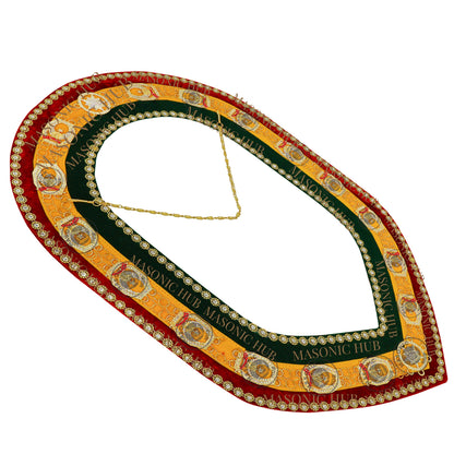 Shriner Gold Plated Metal w/ Rhinestone Jewels Tri-Color Deluxe Chain Collar – Red, Green & Yellow with Rhinestones Trim | Masonic Regalia