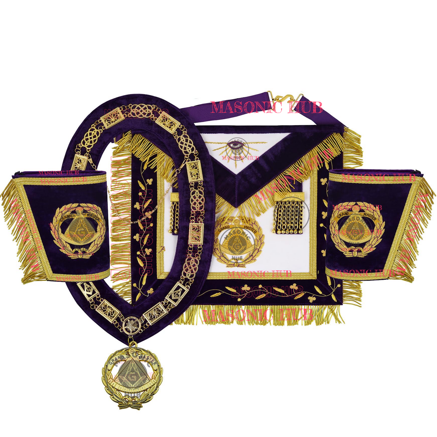 Masonic Grand Master Apron Set – Sheepskin Leather, Gold Bullion Embroidery + Chain Collar, Jewel & Gauntlet Cuffs