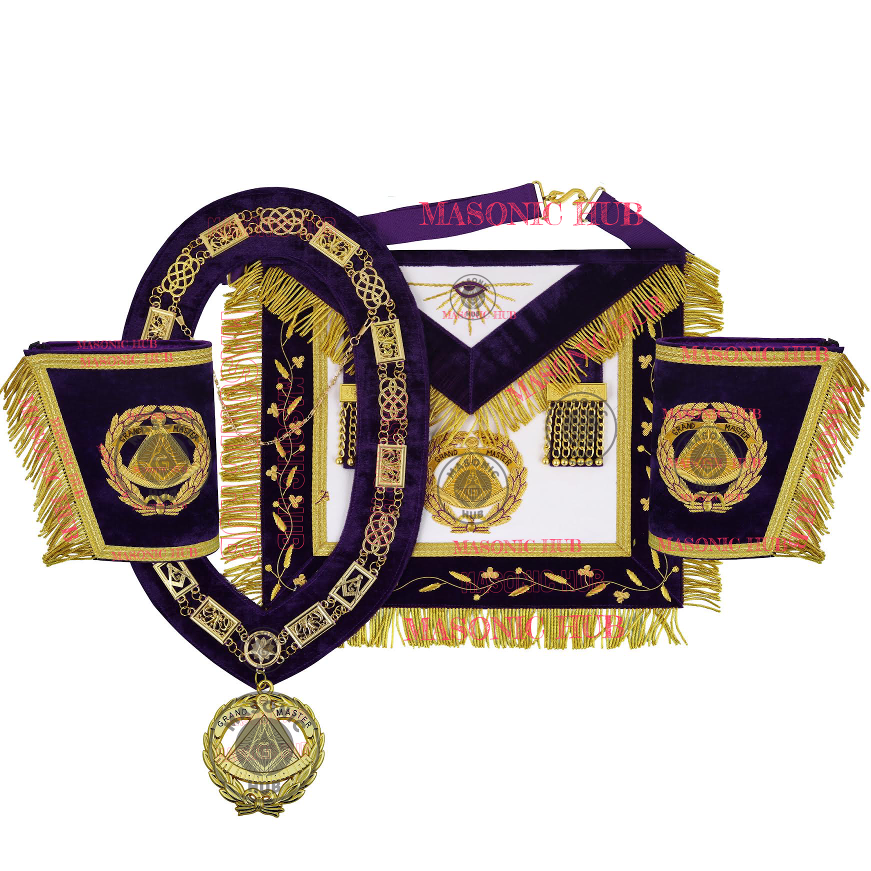 Masonic Grand Master Apron Set – Sheepskin Leather, Gold Bullion Embroidery + Chain Collar, Jewel & Gauntlet Cuffs
