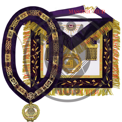 Masonic Grand Master Apron Set – Sheepskin Leather, Gold Bullion Embroidery + Chain Collar, Jewel & Gauntlet Cuffs