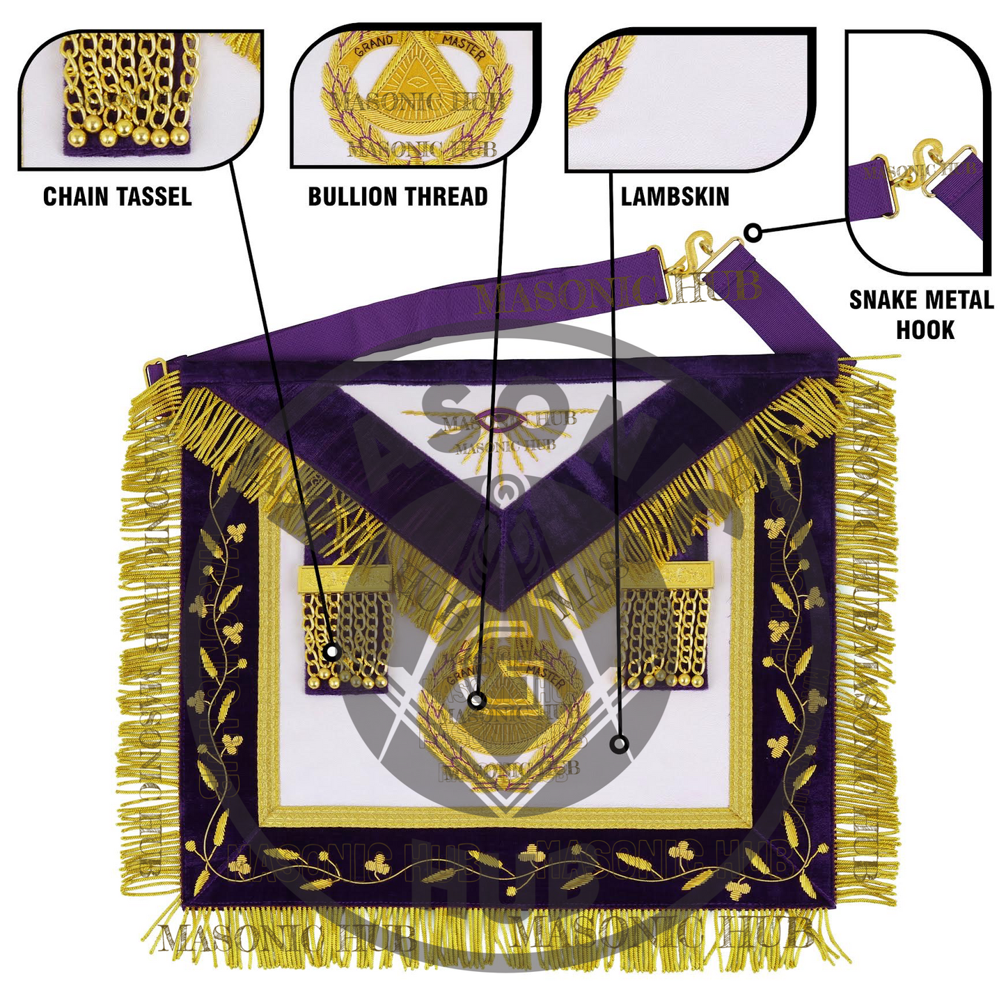 Masonic Grand Master Sheepskin Leather Apron | Gold Bullion Hand Embroidery