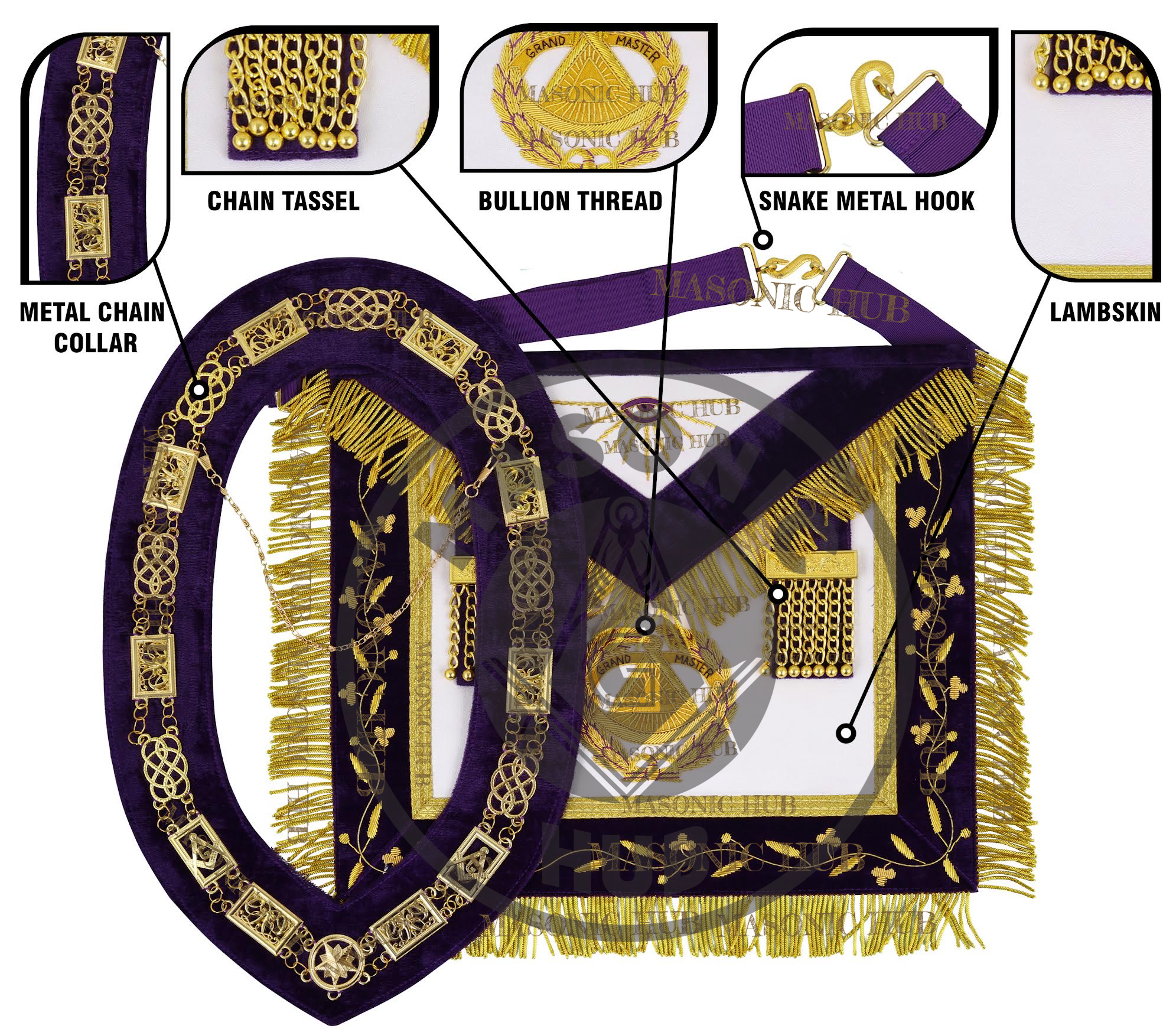 Masonic Grand Master Sheepskin Leather Apron with Chain Collar & Free Jewel Masonic Hub