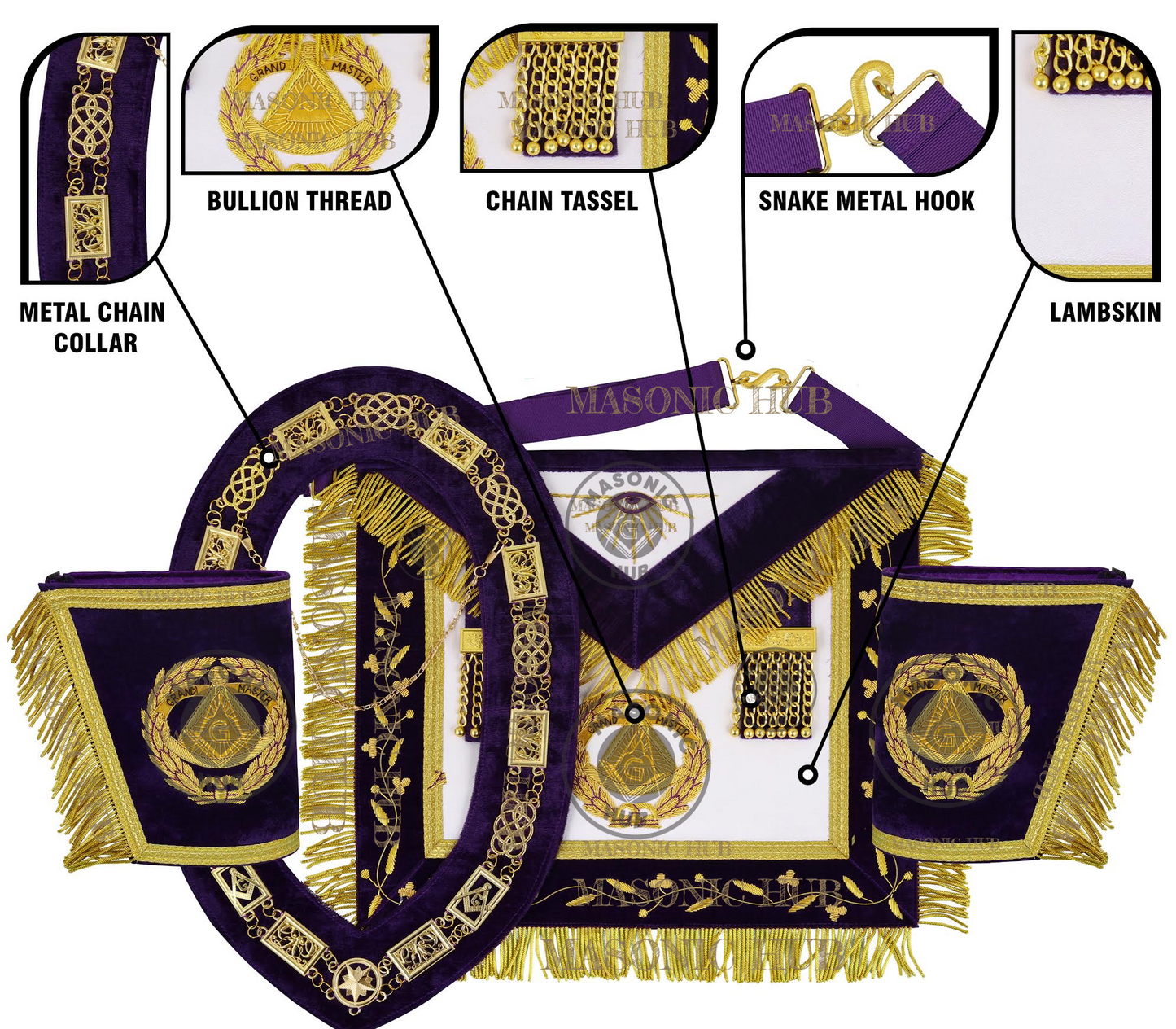 Masonic Grand Master Apron Set – Sheepskin Leather, Gold Bullion Embroidery + Chain Collar, Jewel & Gauntlet Cuffs