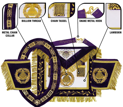 Masonic Grand Master Apron Set – Sheepskin Leather, Gold Bullion Embroidery + Chain Collar, Jewel & Gauntlet Cuffs