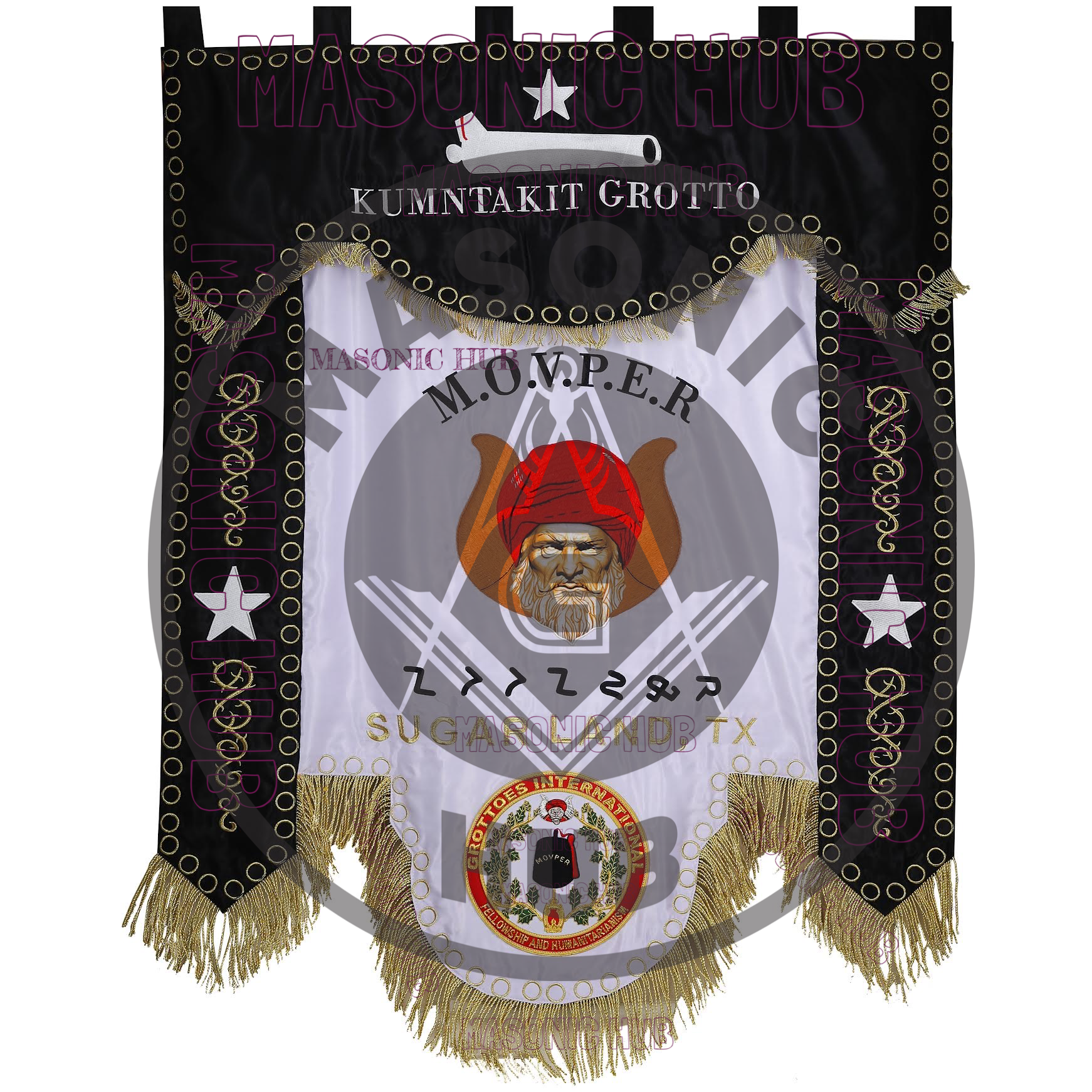 Custom M.O.V.P.E.R. Grotto Banner Flag – Gold Fringe – Personalized Lodge Display Masonic Hub
