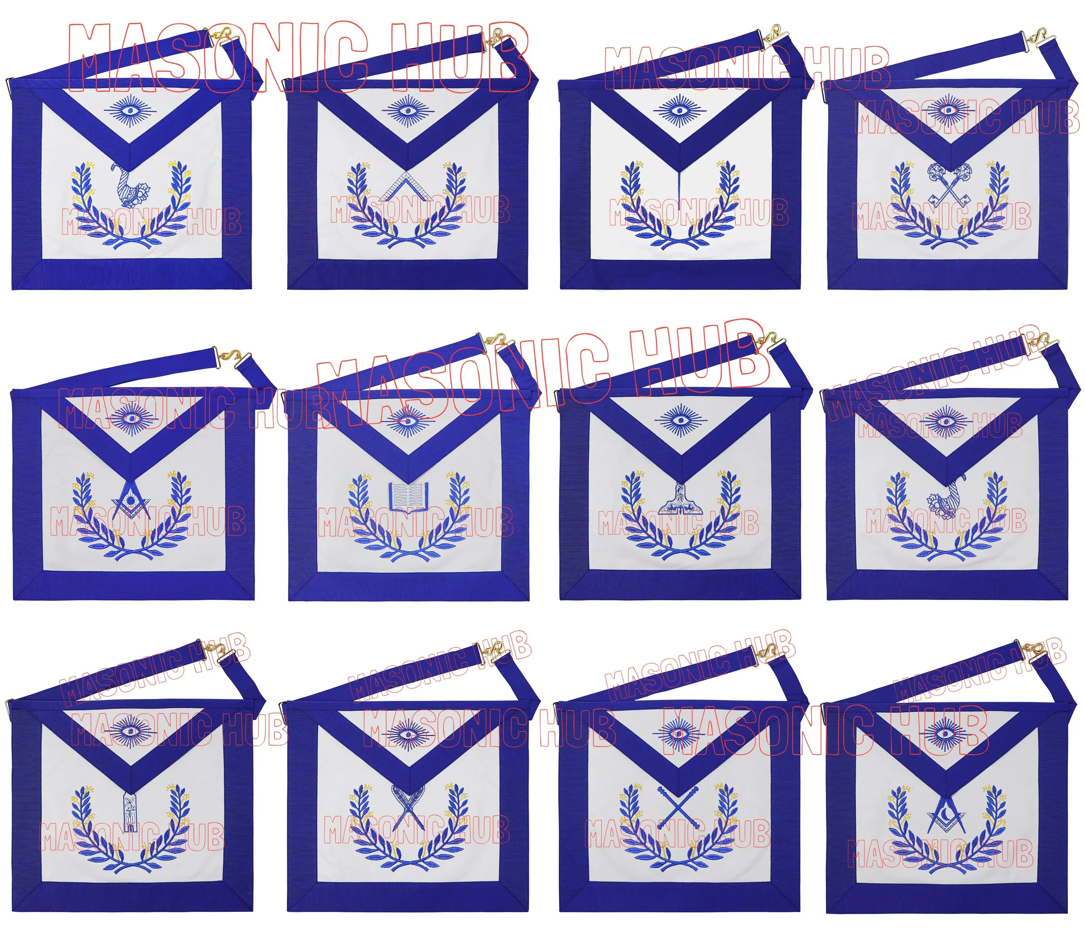 Masonic Regalia Blue Lodge Officer Aprons &amp; Chain Collars with Jewels – Set of 12 Masonic Hub