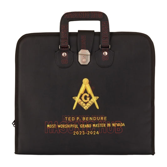 Personalized Masonic Apron Case | Hand-Embroidered Square & Compasses | Black with Handle