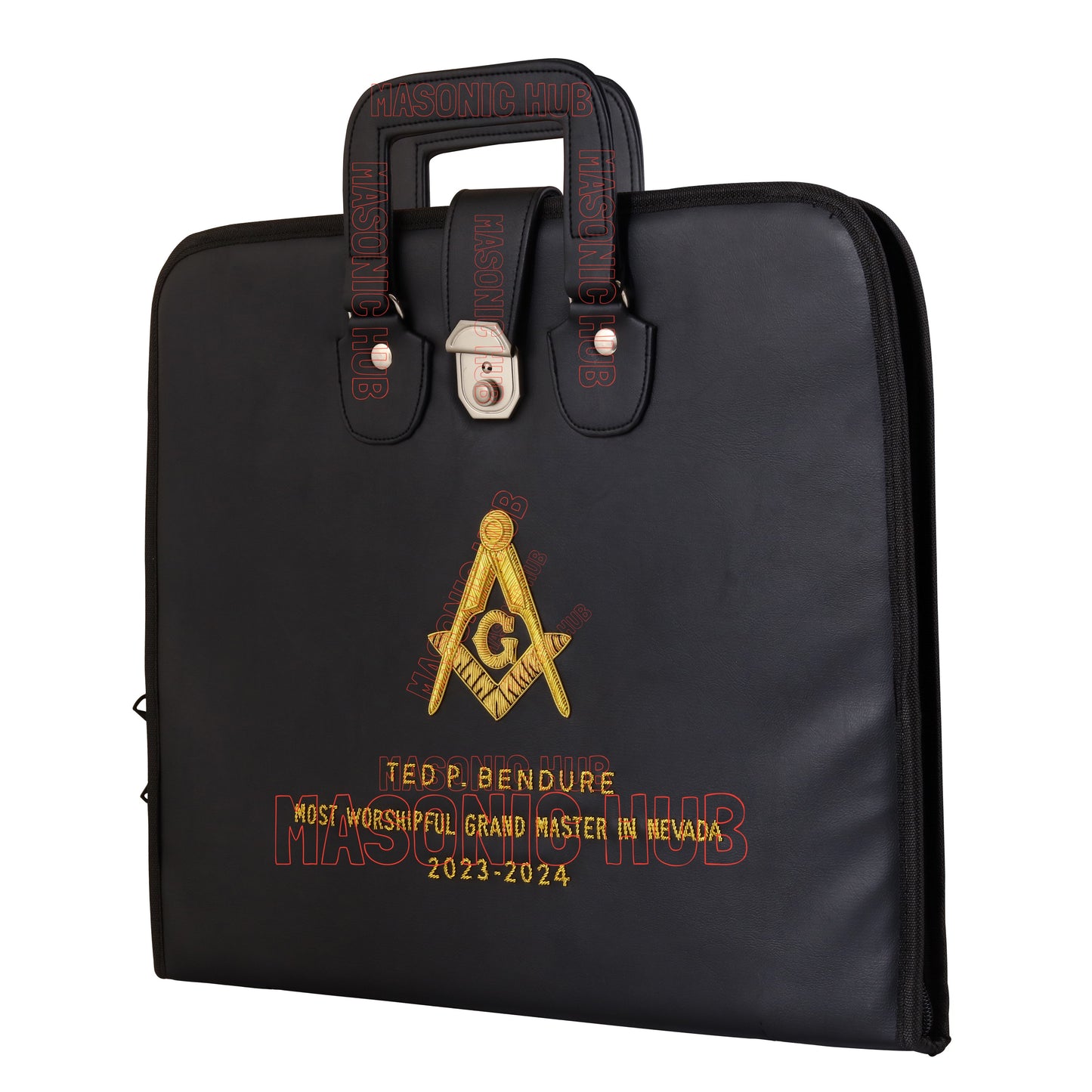 Personalized Masonic Apron Case | Hand-Embroidered Square & Compasses | Black with Handle