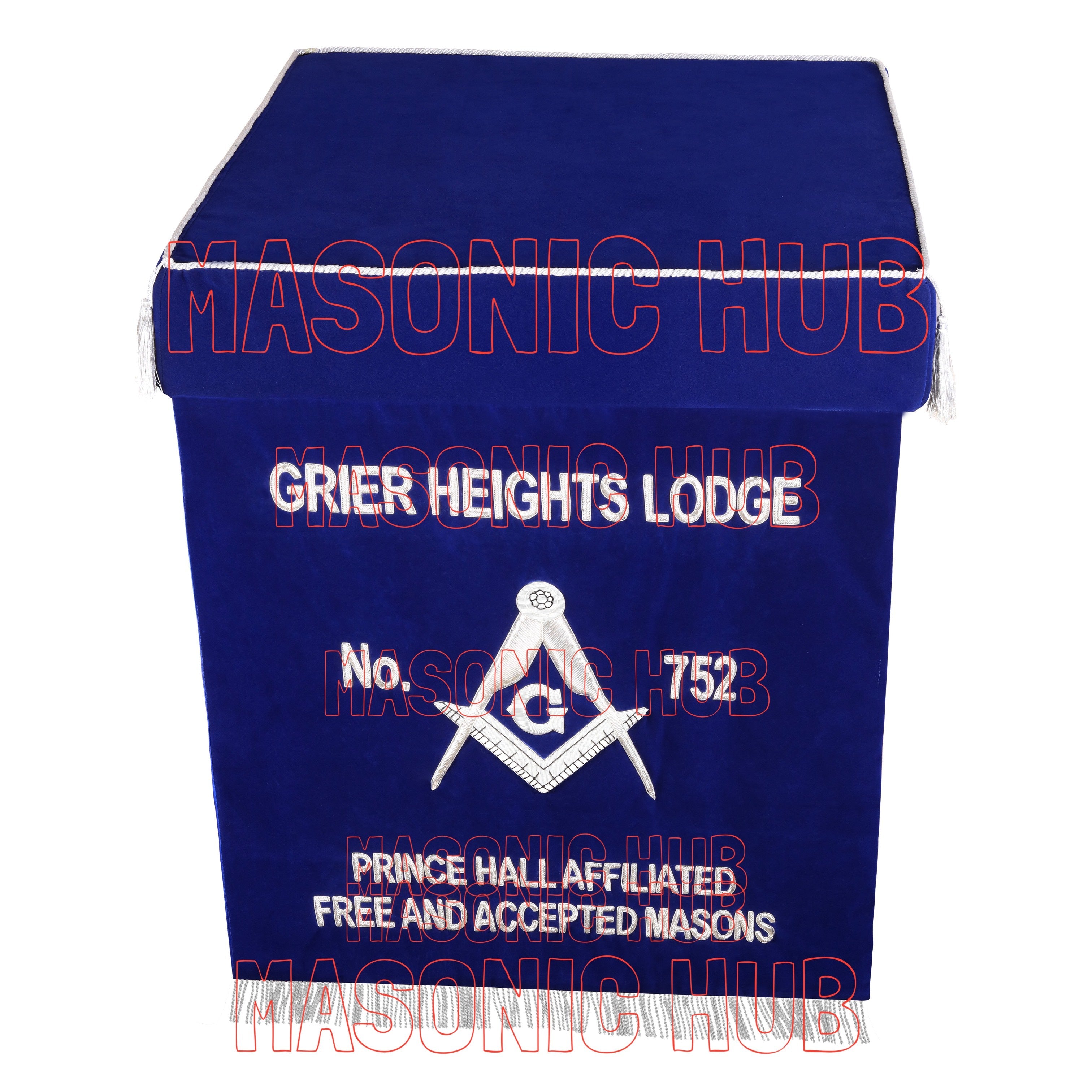 Masonic Bible Cushion & Drop Fall – Custom Lodge Name and Number – Blue Velvet Lodge Altar Cushion Masonic Hub