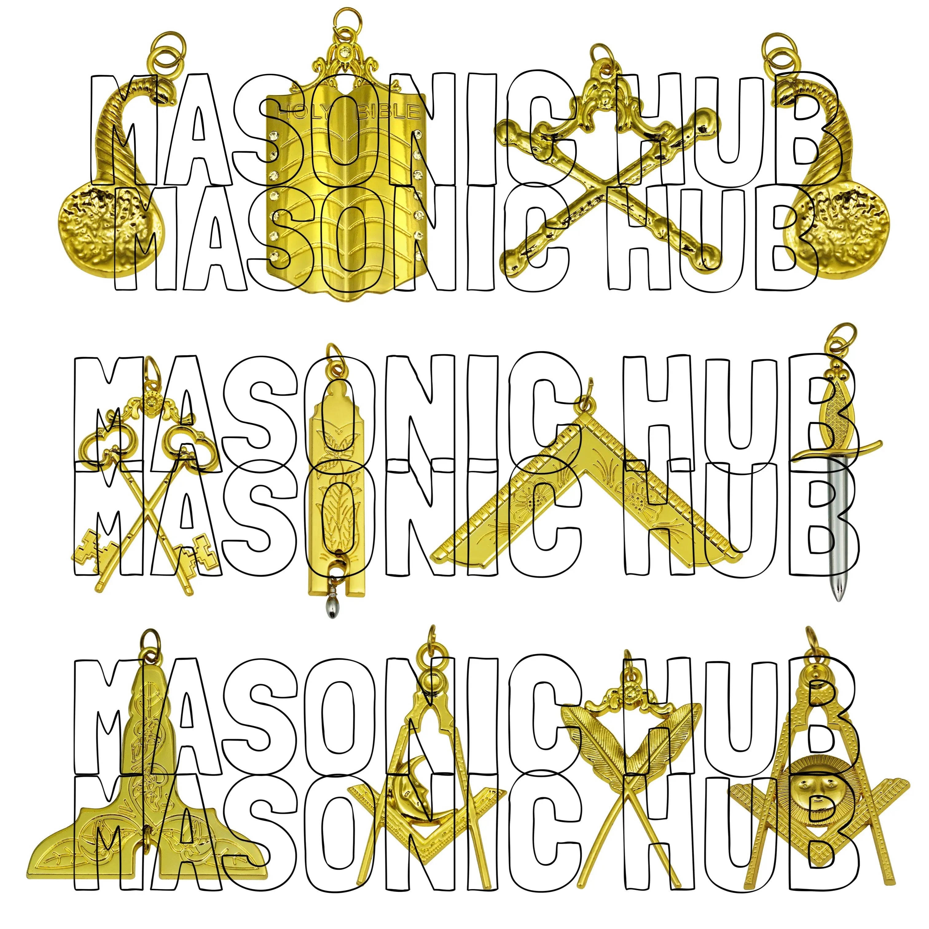 Masonic Regalia Blue Lodge Officer Aprons &amp; Chain Collars with Jewels – Set of 12 Masonic Hub