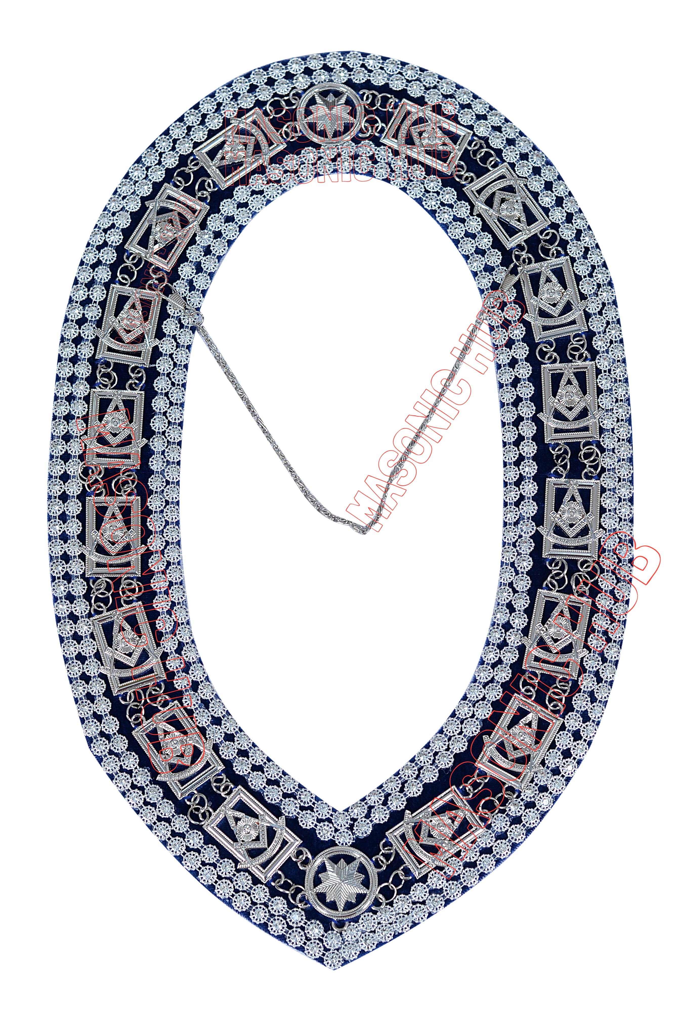 Masonic Past Master Metal Chain Collar – Silver Plated – Blue Velvet Backing – Double Row Rhinestone Trim