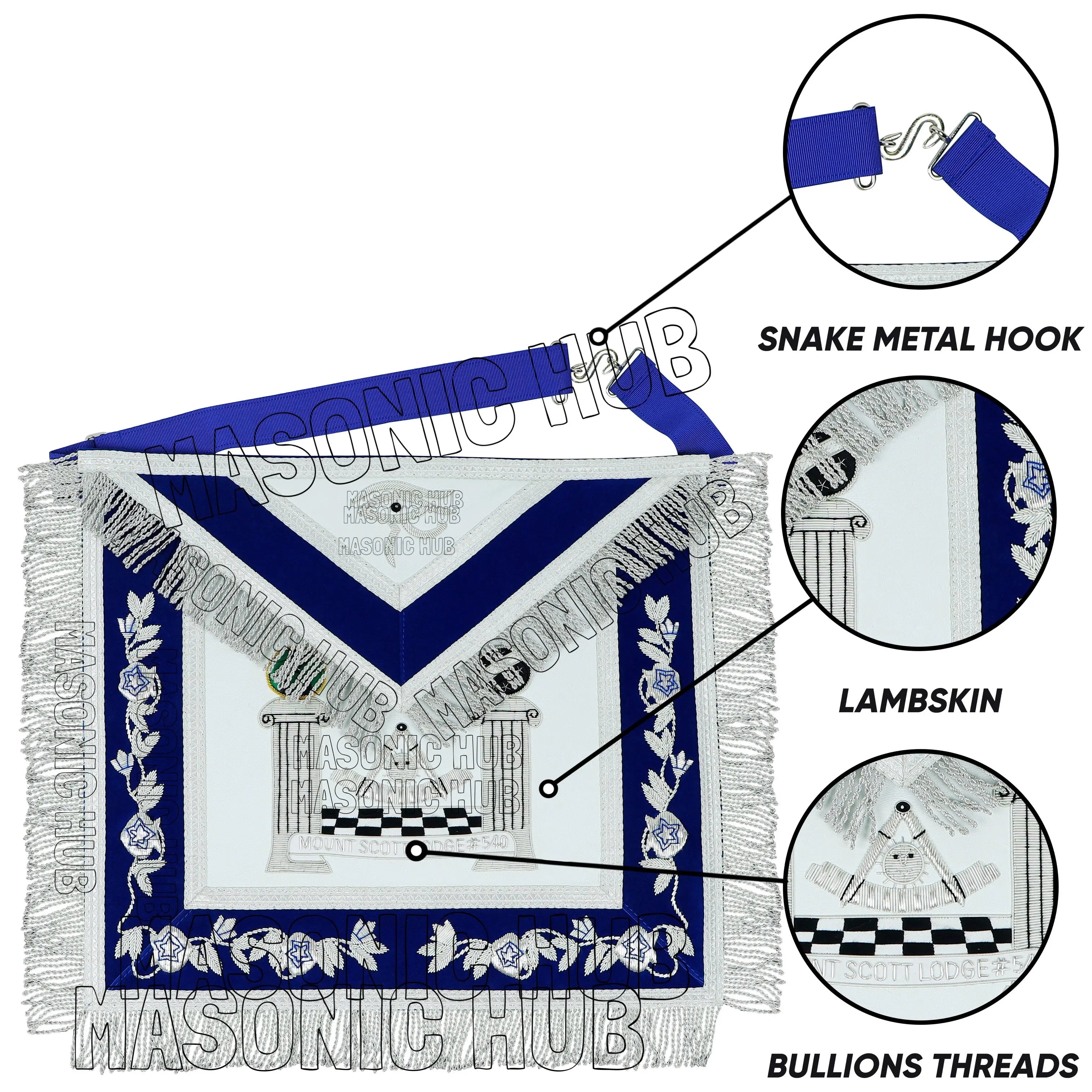 MASONIC REGALIA – CUSTOM PAST MASTER LAMBSKIN APRON (HAND EMBROIDERED, SILVER) Masonic Hub