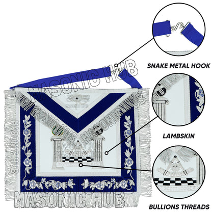 MASONIC REGALIA – CUSTOM PAST MASTER LAMBSKIN APRON (HAND EMBROIDERED, SILVER)