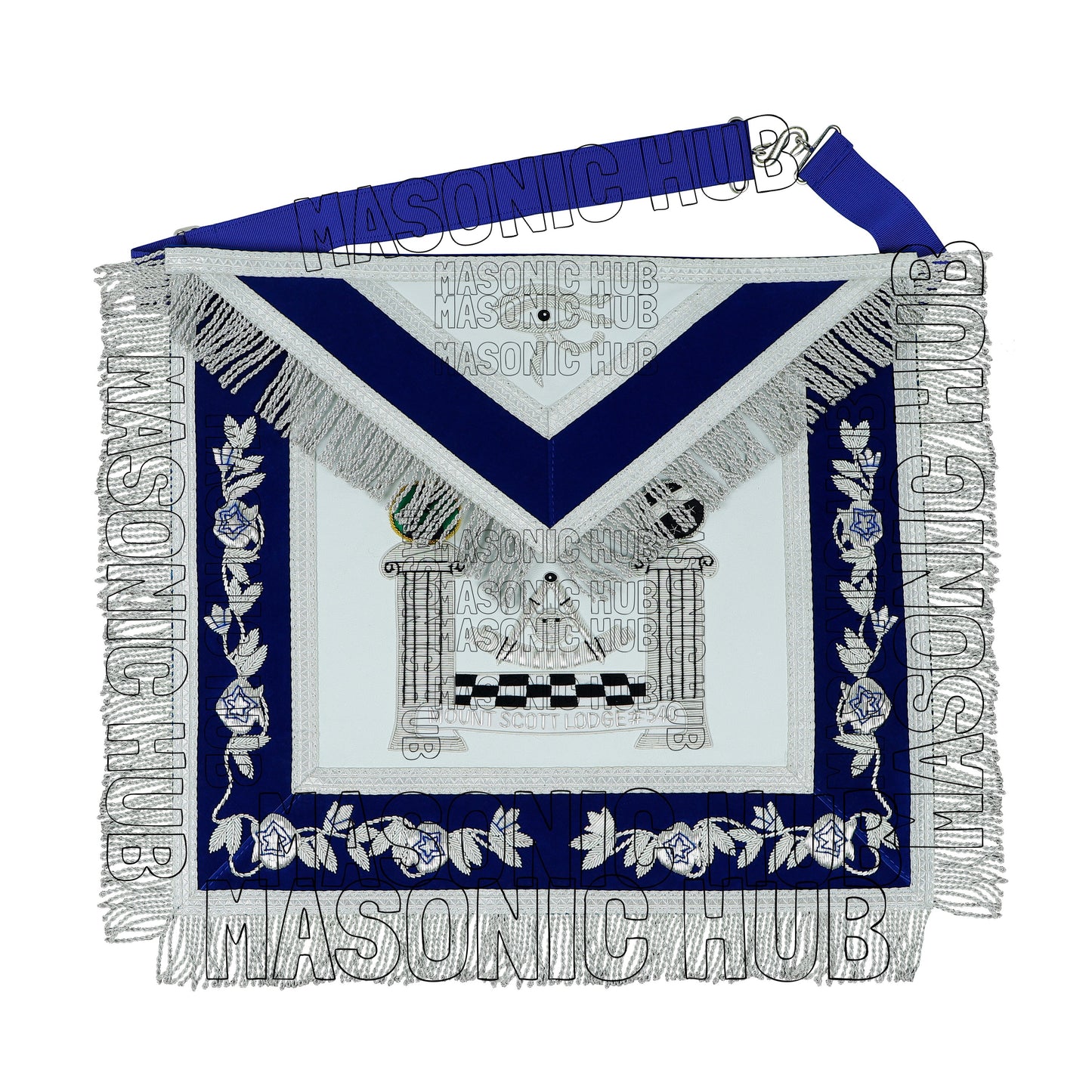MASONIC REGALIA – CUSTOM PAST MASTER LAMBSKIN APRON (HAND EMBROIDERED, SILVER)