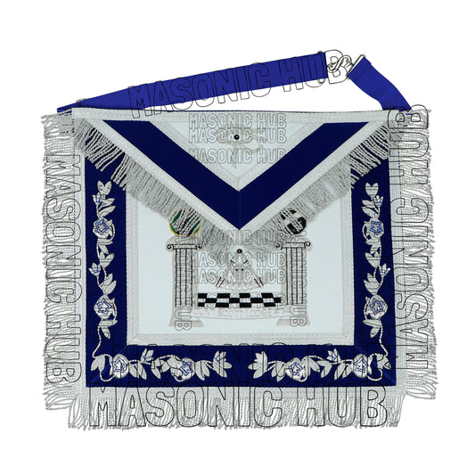 MASONIC REGALIA – CUSTOM PAST MASTER LAMBSKIN APRON (HAND EMBROIDERED, SILVER)