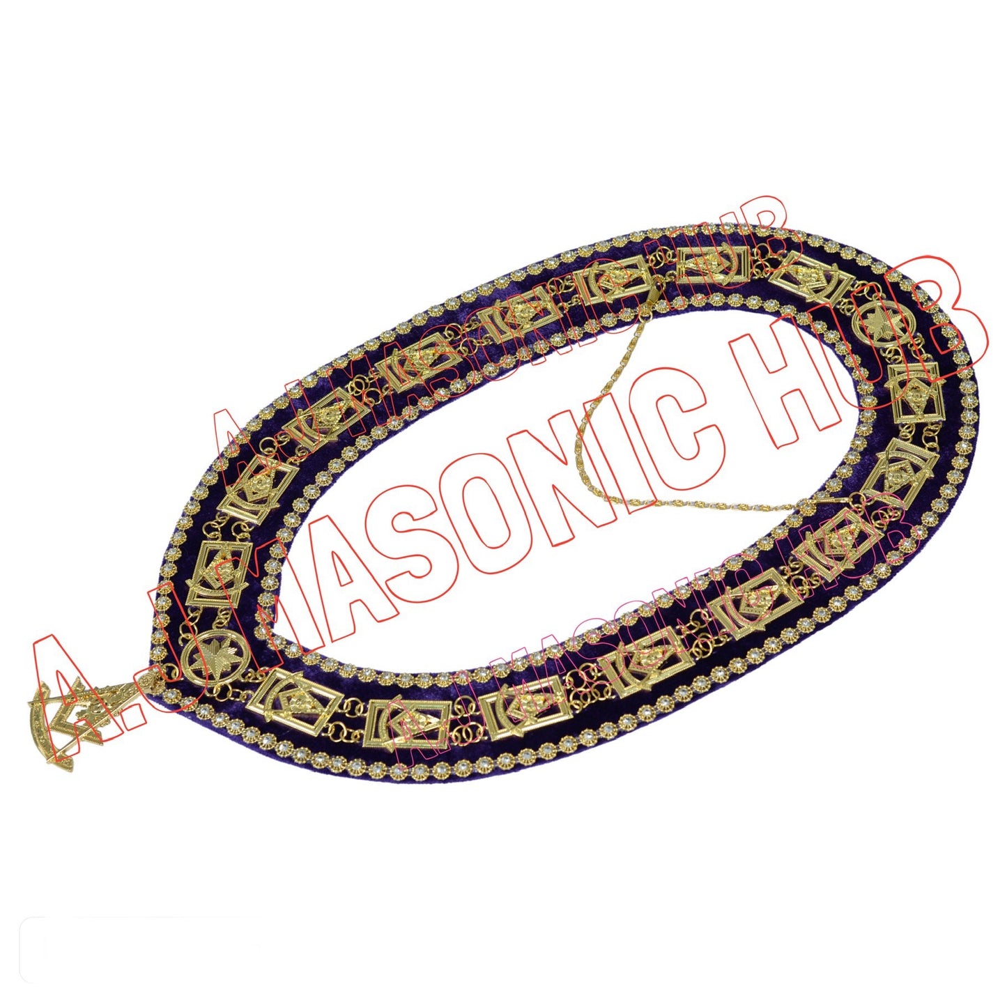 Masonic Past Master Chain Collar & Purple Velvet w/ Rhinestone Trim - Free Jewel